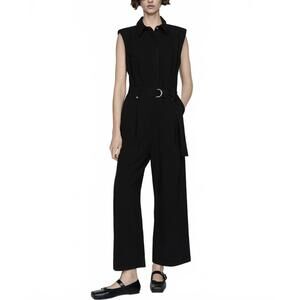 Mango Linen Blend Jumpsuit With Belt Clip and Shoulder Pad NWT Matty Black Large